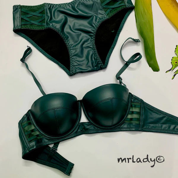 FAUX LEATHER HALF CUP BRA SET